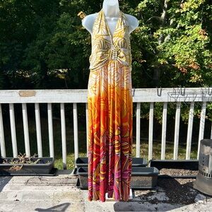 Blooming Rose Vibrant tropical print Multicolor Halter Maxi Dress size XL